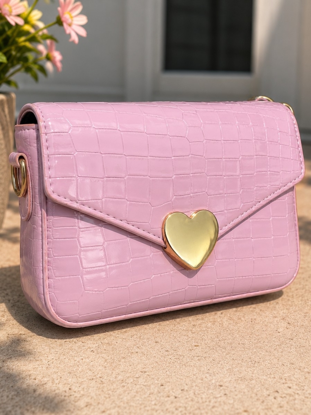Pink Croc-Texture Heart Clasp Crossbody Bag